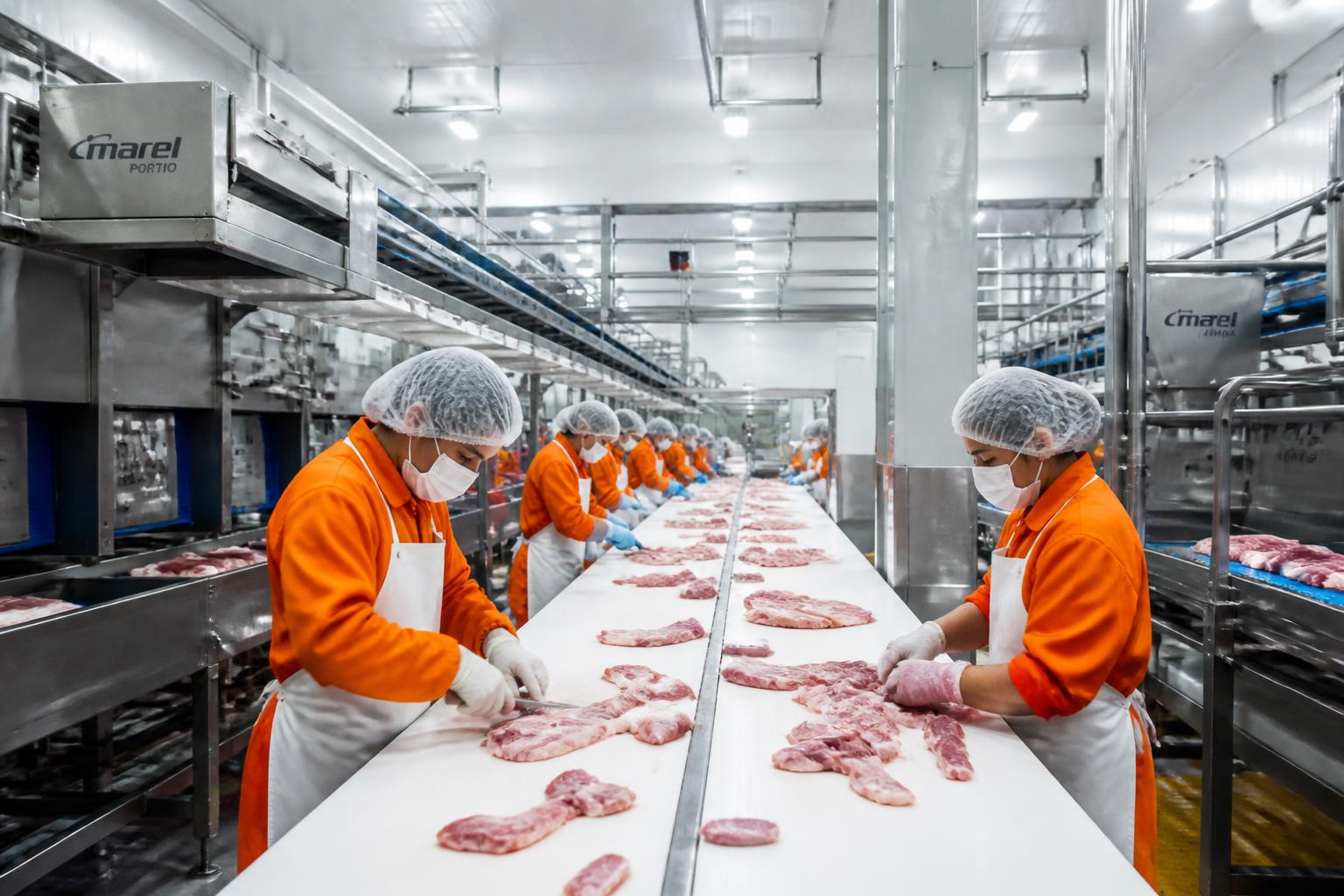 Workers processing meat at Mirha Exports facility