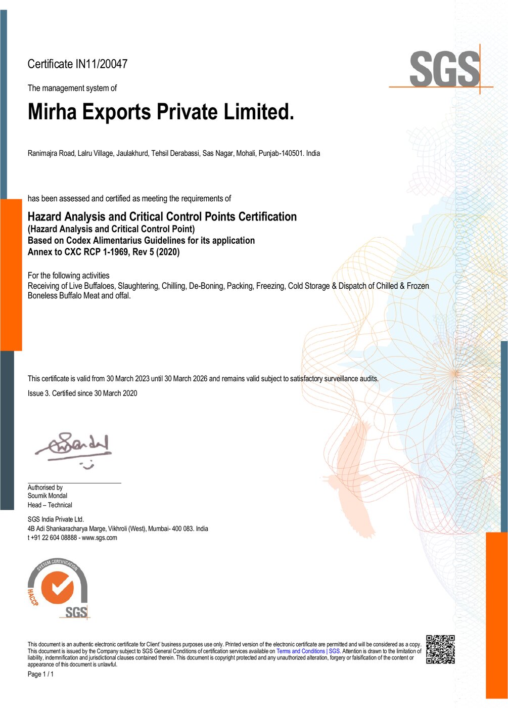 HACCP — Plant 125 (Punjab) certificate