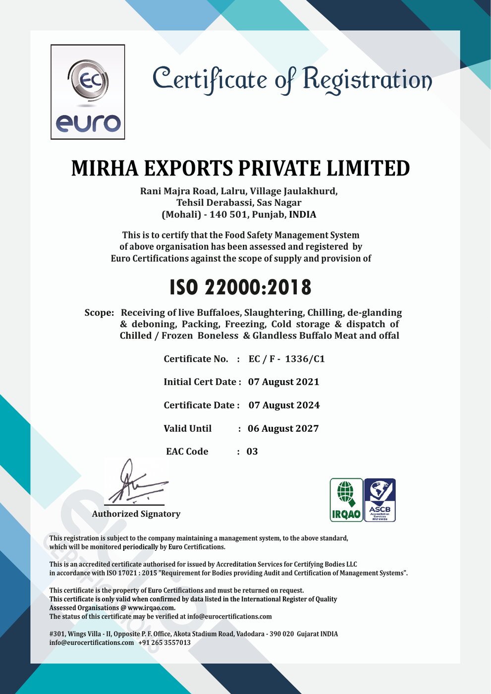 ISO 22000:2018 — Plant 125 certificate