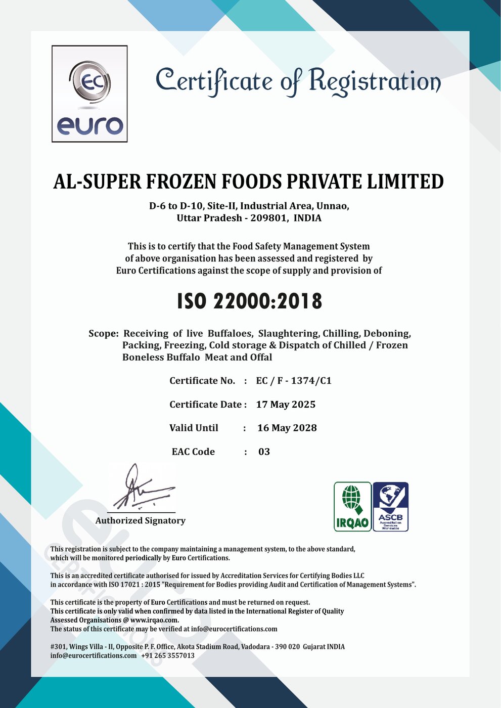 ISO 22000:2018 — Plant 201 certificate